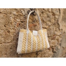 Meya Design Kadın Sarı Beyaz Çizgili Çıtçıtlı Omuz Çantası - Iç Bölmeli (32X42 Cm)