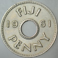 Banknoting Fiji 1 Penny 1961 Kraliçe Iı. Elizabeth. 26 Mm.