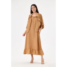 Della Moor Camel Italyan %100 Keten Omuzu ve Yakası Fileli Ceketli 2'li Takım Uzun Elbise 38 - 44 Beden