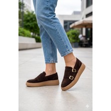 Shoemix Kadın Kahverengi Süet Çift Tokalı Kalın Taban Makosen Loafer Ayakkabı