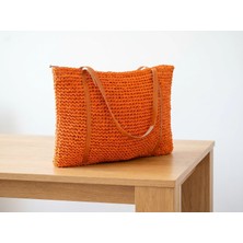 Meya Design Kadın Turuncu Örgü Dokulu Fermuarlı Omuz Çantası - Iç Cepli (25X40 Cm)