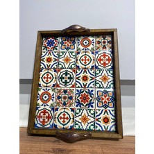 Color Craft Seramik Kahve Tepsisi - Ahşap Çerçeveli Sunum Tepsisi 20X25 cm