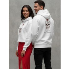 Biemtek Czmd Love Eternally Kurukafa Baskılı Beyaz Çift Kombini Kapüşonlu Sweatshirt