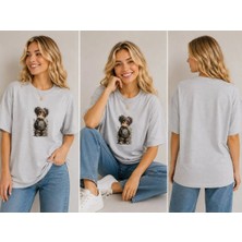 Enb1r Moda Vintage Japon Anime Stil Karakter Baskılı Unisex Gri Premium Basic T-Shirt