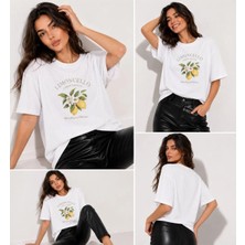 Enb1r Moda Kadın Estetik Vintage Limon Baskılı Sokak Stili Unisex Beyaz Premium Basic T-Shirt