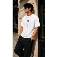 Enb1r Moda Ay Baskılı Japon Stil Streetwear Beyaz Premium T-Shirt