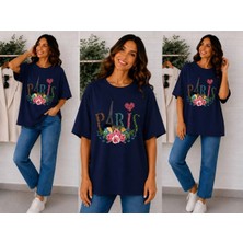 Enb1r Moda Paris Temalı Eyfel Kulesi, Gül Çiçeği ve Kalp Baskılı Lacivert Premium Basic T-Shirt