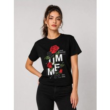 Enb1r Moda Summer Love Forever Gül Baskılı Kadın Siyah Basic T-Shirt