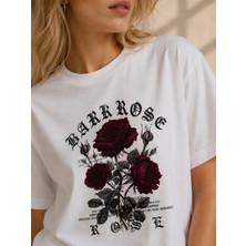 Enb1r Moda Vintage Gül Desenli Unisex Beyaz Kısa Kollu T-Shirt