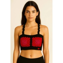 Talin Handmade Kırmızı ve Siyah Granny Kare Detaylı Crop - 36 Beden Uyumlu