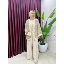 Esra Butik Pul Payet Detaylı Tilda Kumaş Tesettürlü Üçlü Takım – Bej & Siyah & Kahve