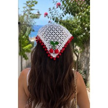 Kadın Kirazlı Örgü Bandana Ponponlu Tığ Işi Yazlık Saç Bandı El Emeği Aksesuar