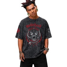Fuddy Moda Unisex Motörhead Kol Baskılı Yıkamalı Tişört, Oversize Rock-Metal Baskılı Eskitme T-Shirt