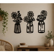 SS Cnc 🌿 Sscnc 3’lü Vazo & Çiçek Figürlü Mdf Duvar Dekoru – Siyah