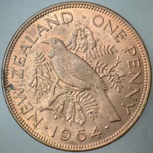 Banknoting Yeni Zelanda 1 Penny 1964 Kraliçe Iı. Elizabeth. Tui Kuşu. 31 mm Bronz. Çilaltı.