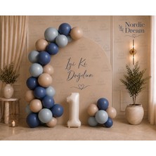 Parti Dükkanı Nordic Dream 32 Parça 1 Yaş Balon Süsleme Seti – Rustik Azur Indigo Keten Balonlar ve 76 cm Beyaz 1 Rakam Folyo Balon