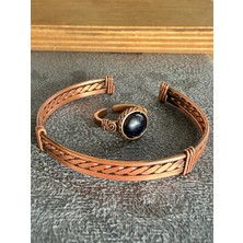 Aida Jewelss El Işi Bakır Bileklik ve Doğal Taşlı Yüzük Kombini, Ayarlanabilir Ölçü