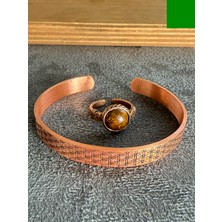 Aida Jewelss El Işi Bakır Bileklik ve Doğal Taşlı Yüzük Kombini, Ayarlanabilir Ölçü