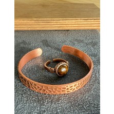 Aida Jewelss El Işi Bakır Bileklik ve Doğal Taşlı Yüzük Kombini, Ayarlanabilir Ölçü