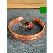 Aida Jewelss El Işi Bakır Bileklik ve Doğal Taşlı Yüzük Kombini, Ayarlanabilir Ölçü
