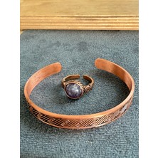 Aida Jewelss El Işi Bakır Bileklik ve Doğal Taşlı Yüzük Kombini, Ayarlanabilir Ölçü