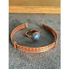 Aida Jewelss El Işi Bakır Bileklik ve Doğal Taşlı Yüzük Kombini, Ayarlanabilir Ölçü