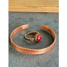 Aida Jewelss El Işi Bakır Bileklik ve Doğal Taşlı Yüzük Kombini, Ayarlanabilir Ölçü