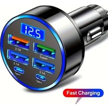 6 Portlu Hızlı Araç Şarj Cihazı – 4 USB + 2 Type-C Çıkışlı Dijital Göstergeli Oto Şarjı