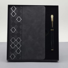 Belirtilmemiş Desenli Siyah Deri Defter Kalem Set
