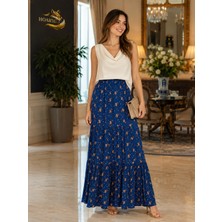 Hoaryage Beli Lastikli Desenli Viskon Basma Kumaş Maxi Boy Anne Etek 36-48BEDEN