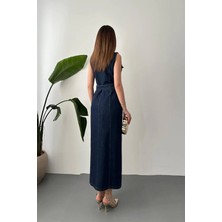Caddebostan Moda Kemerli, Düğmeli, Kolsuz, Cepli, Uzun Denim Jean Elbise