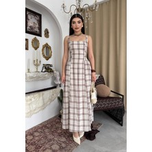 Caddebostan Moda Kare Yaka Ekose Desenli Askılı Midi Elbise Şık Yazlık Elbise