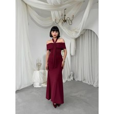 Caddebostan Moda Boyundan Bağlamalı Straplez Detaylı Büzgülü Midi Elbise Şık Gece Elbisesi
