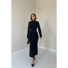 Caddebostan Moda Omzu Güllü Dik Yaka Uzun Kollu Dar Kesim Midi Boy Triko Elbise