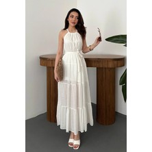 Caddebostan Moda Halter Yaka Katlı Uzun Elbise Kuşaklı Yazlık Askılı Plaj Elbisesi