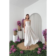 Caddebostan Moda Çiçek Desenli Ip Askılı Korseli Midi Elbise Yazlık Şık Askılı Elbise