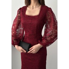 Caddebostan Moda Kare Yaka Balon Kol Güpür Detaylı Uzun Dantel Elbise