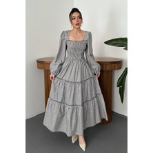 Caddebostan Moda Kare Yaka Gipeli Uzun Kollu Ekoseli Pamuklu Elbise