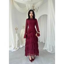 Caddebostan Moda Kadın Şık Kat Kat Fırfırlı Uzun Kollu Şifon Midi Elbise