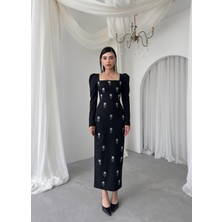 Caddebostan Moda Kare Yaka Taş Işlemeli Uzun Kollu Midi Elbise - Şık Özel Gün Abiye Elbise