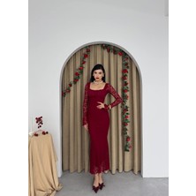 Caddebostan Moda Kare Yaka Uzun Kollu Dantelli Midi Elbise Şık Abiye