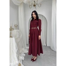 Caddebostan Moda Düğme Detaylı Gömlek Yaka Uzun Kollu Midi Elbise