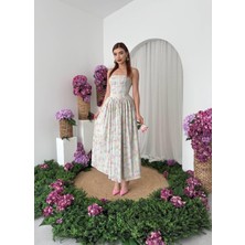 Caddebostan Moda Çiçek Desenli Ip Askılı Korseli Midi Elbise Yazlık Şık Askılı Elbise