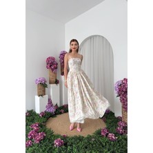 Caddebostan Moda Çiçek Desenli Ip Askılı Korseli Midi Elbise Yazlık Şık Askılı Elbise