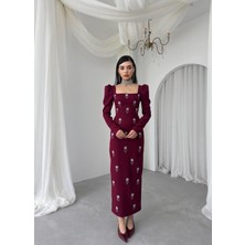 Caddebostan Moda Kare Yaka Taş Işlemeli Uzun Kollu Midi Elbise - Şık Özel Gün Abiye Elbise