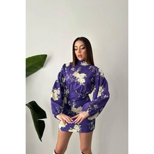 Caddebostan Moda Dik Yaka Çiçek Desenli Balon Kol Mini Elbise