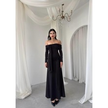 Caddebostan Moda Kadın Uzun Kollu Düğüm Detaylı Straplez Midi Elbise Şık Abiye