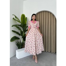 Caddebostan Moda Yakalı, Çiçek Desenli, Düğme Detaylı, Bel Bağlamalı, Kısa Kollu, Midi Boy Elbise