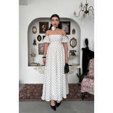 Caddebostan Moda Puantiyeli Desenli Ispanyol Kol Straplez Midi Boy Elbise
