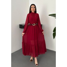 Caddebostan Moda Kemerli Şifon Eteği Fırfırlı Uzun Kollu Şık Abiye Elbise